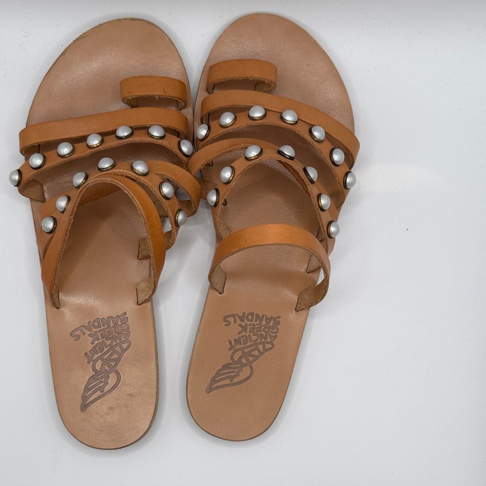 Ancient Greek Sandals Tan Leather Sandals with Silver Studs